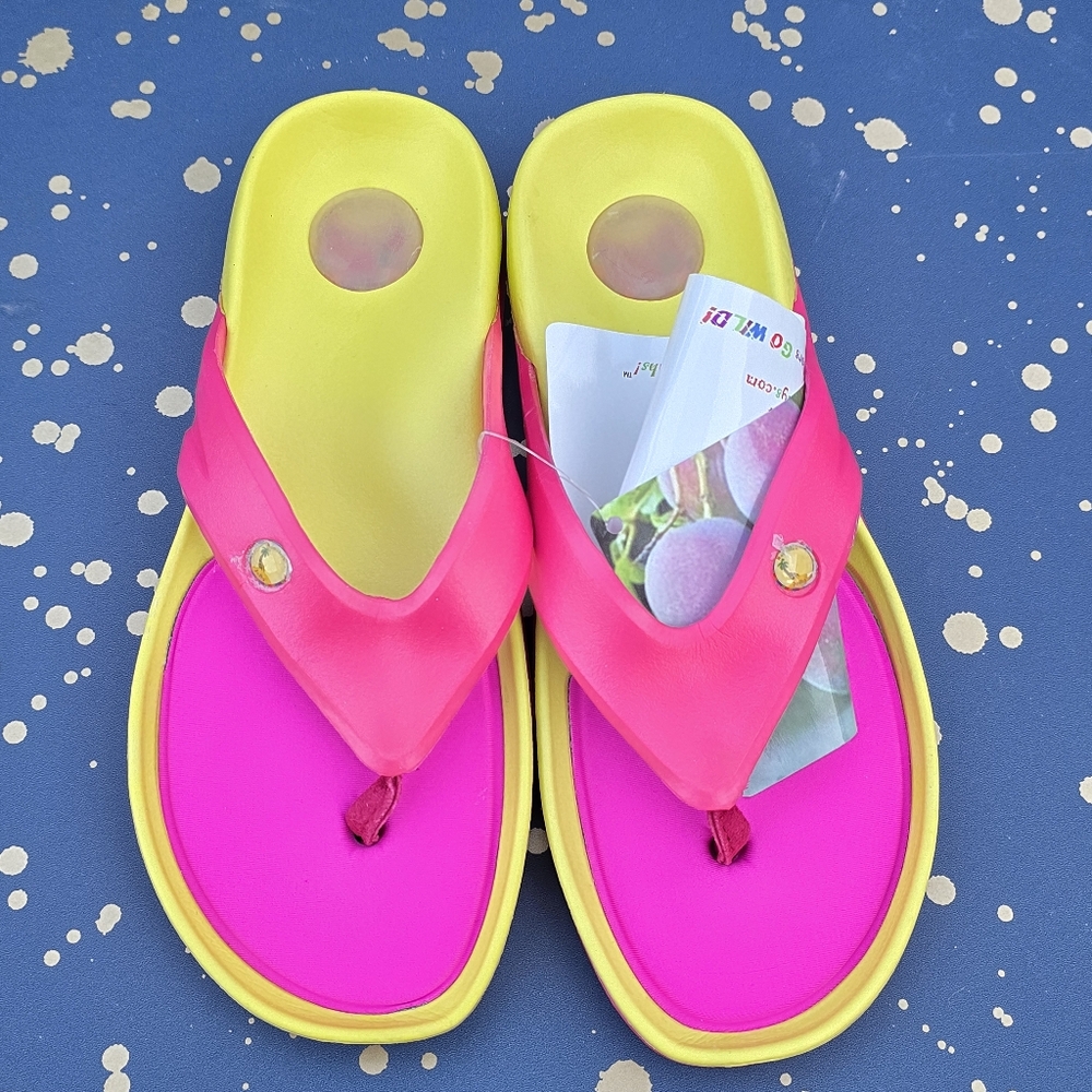 Slide Vibrant Pink and Yellow Flip Flops Sandals Sz 6